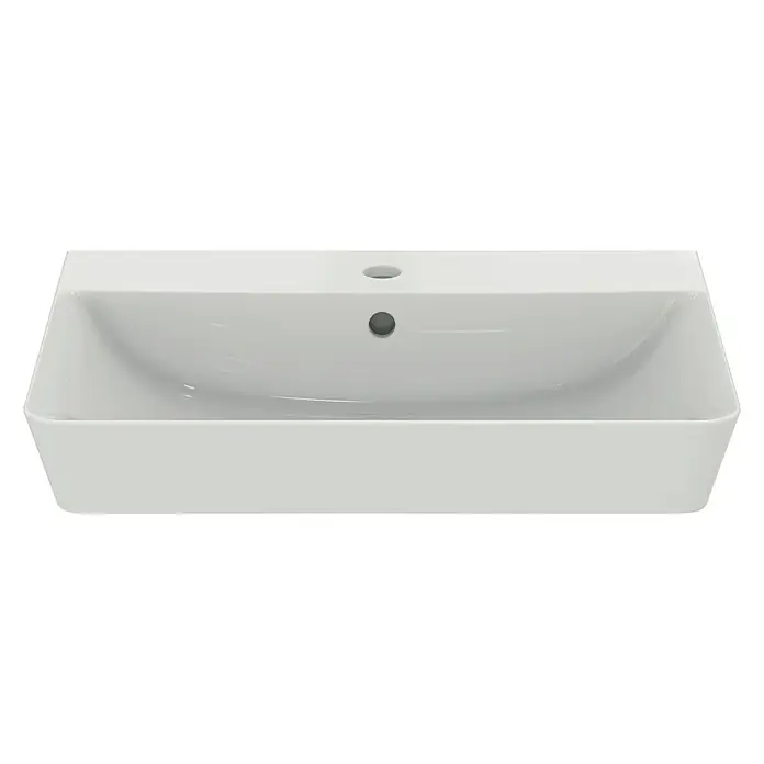 Ideal Standard Connect Air Waschtisch - 60 x 46 cm, Ohne Spezialglasur, Hahnloch: Mitte, Mit Überlauf, Weiß - Eine moderne, rechteckige Waschbecken-Aufsatzschale in strahlendem Weiß, ideal für stilvolle Badezimmer.
