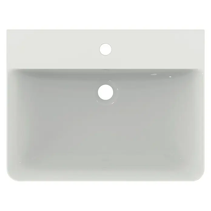 Ideal Standard Connect Air Waschtisch - 60 x 46 cm, Ohne Spezialglasur, Hahnloch: Mitte, Mit Überlauf, Weiß - Eine rechteckige Keramik Waschbecken-Aufsatz mit abgerundeten Ecken und zwei Löchern für Wasserhahn und Abfluss.