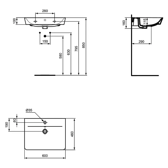 Ideal Standard Connect Air Waschtisch - 60 x 46 cm, Ohne Spezialglasur, Hahnloch: Mitte, Mit Überlauf, Weiß - Technische Zeichnung eines Waschtisches mit Bemaßungen für Installationsdetails und Abmessungen des Produkts.
