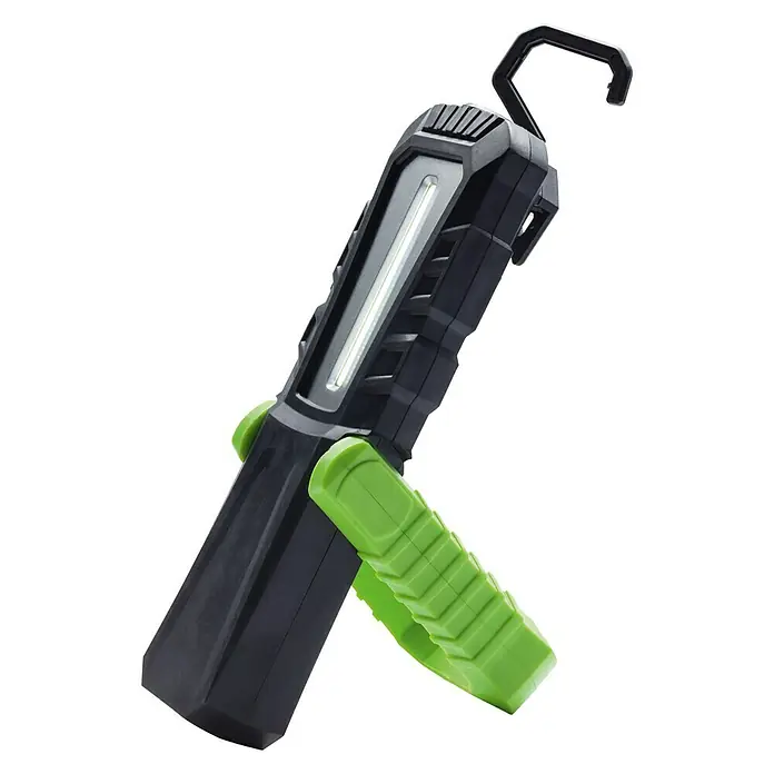 BAUHAUS Taschenlampe RW. 530 - 19 x 5,5 x 1,8 cm, 420 lm - LED-Arbeitsleuchte mit Haken und grünem Standfuß. Ideal für Werkstatt oder Garage. Kompaktes Design für flexible Einsatzmöglichkeiten.