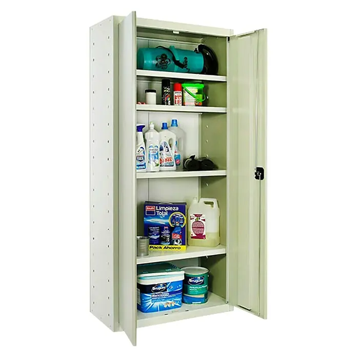 Simonrack Simonlocker Armario multiusos metálico Multi Professional - L x An x Al: 40 x 80 x 180 cm, Número de puertas: 2 ud., Gris - Armario metálico abierto lleno de productos de limpieza, pinturas y otros artículos del hogar que se guardarían en un lavadero.