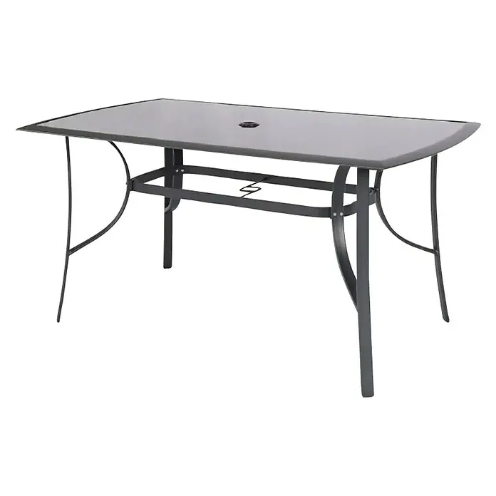 Set de muebles de jardín Donavan - 6 pzs., Antracita, Incluye Parasol - Mesa de comedor rectangular con tapa de vidrio gris y estructura de metal oscuro, ideal para uso exterior. Un diseño atemporal para tu jardín o patio.