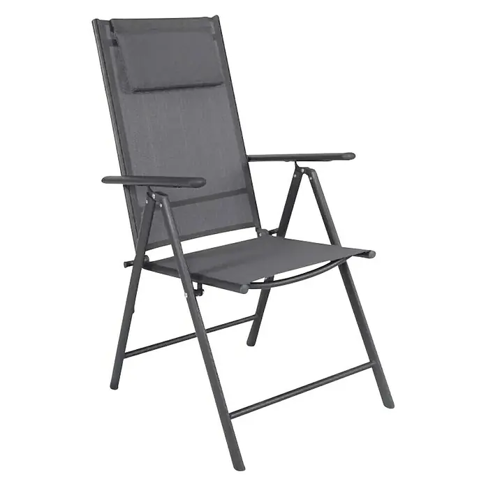 Set de muebles de jardín Donavan - 6 pzs., Antracita, Incluye Parasol - Imagen de una silla de exterior ajustable y plegable en gris, con reposabrazos y respaldo alto, ideal para jardín o terraza.