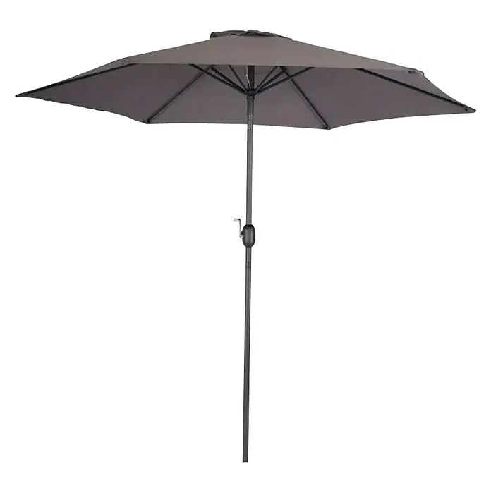Set de muebles de jardín Donavan - 6 pzs., Antracita, Incluye Parasol - Sombrilla gris de exterior con mástil metálico, ideal para jardines o patios, ofreciendo sombra y protección solar en días soleados.