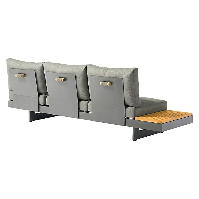 Conjunto de muebles Molise - 4 pzs., Madera de acacia/Aluminio, Antracita - Sofá de exterior gris con cojines gris claro y una pequeña mesa de madera a la derecha, ideal para el jardín o la terraza.