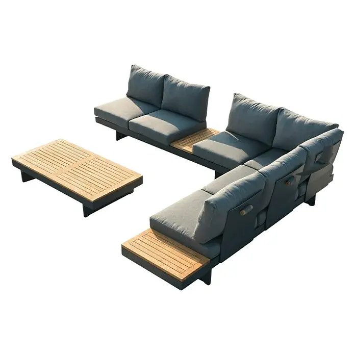 Conjunto de muebles Molise - 4 pzs., Madera de acacia/Aluminio, Antracita - Elegante conjunto de lounge con cojines grises y detalles de madera. Ideal para zonas exteriores elegantes que invitan a relajarse.