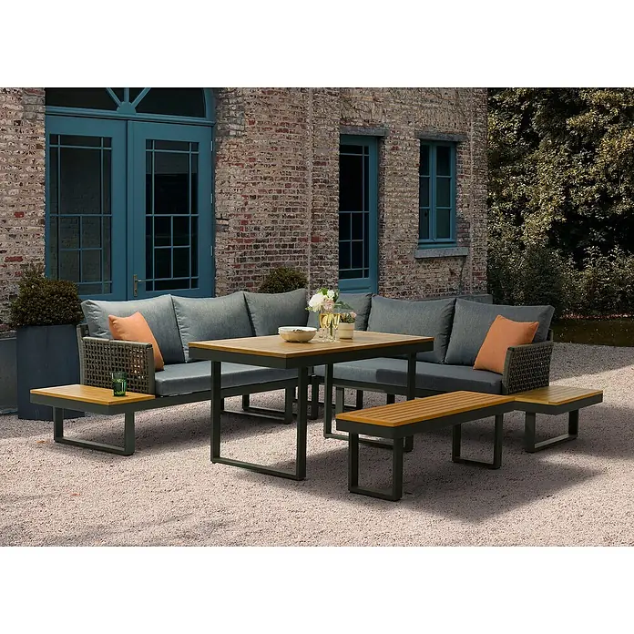 Conjunto de muebles Magalí - 5 pzs., Madera de acacia/Aluminio, Antracita - Elegante conjunto de muebles de jardín con sofá gris, mesa de madera y banco a juego. Perfecto para relajarse al aire libre con estilo.