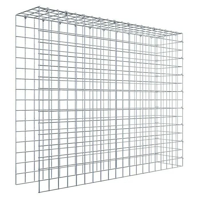 Gabiona Gabione Typ 4 - Zum Anbau in Länge & Höhe, 100 x 20 x 80 cm, Stahl, Maschenbreite: 50 mm, Maschenhöhe: 50 mm, C-Ring - Das Bild zeigt eine Gabionenwand aus verzinktem Drahtgeflecht, ideal für Garten- und Landschaftsbau. Robuste Konstruktion für vielseitige Anwendungen.
