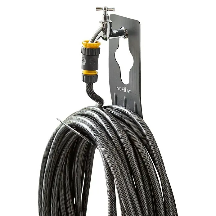 Neptun Wand-Schlauchhalterung - Metall, Geeignet für: Handelsübliche Wasserhähne - Wand-Gartenschlauchhalterung mit Wasserhahn und aufgewickeltem Schlauch, praktisch und platzsparend für jeden Garten.