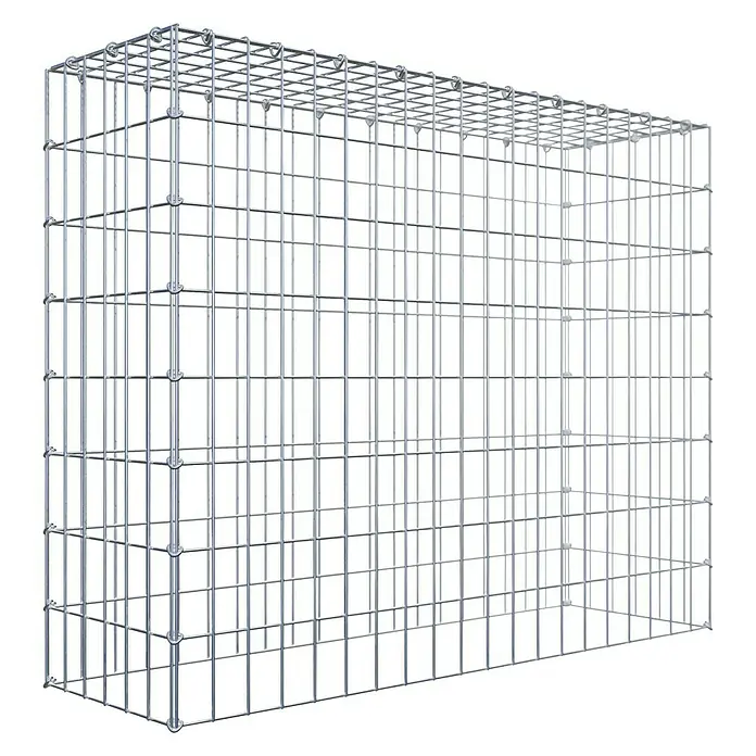 Gabiona Gabione Typ 3 - Zum Anbau in der Höhe, 100 x 30 x 80 cm, Stahl, Maschenbreite: 50 mm, Maschenhöhe: 100 mm, C-Ring - Nahaufnahme eines Gabionenkäfigs aus verzinktem Stahldraht mit quadratischen Maschen vor schwarzem Hintergrund.