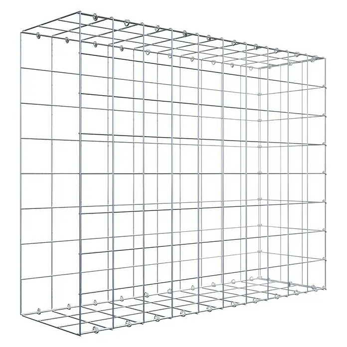 Gabiona Gabione Typ 2 - Zum Anbau in der Länge, 100 x 30 x 80 cm, Stahl, Maschenbreite: 100 mm, Maschenhöhe: 100 mm, C-Ring - Das Bild zeigt einen leeren Gabionenkorb aus verzinktem Drahtgeflecht, der bereit für die Befüllung ist. Ideal für Garten- und Landschaftsbauprojekte.