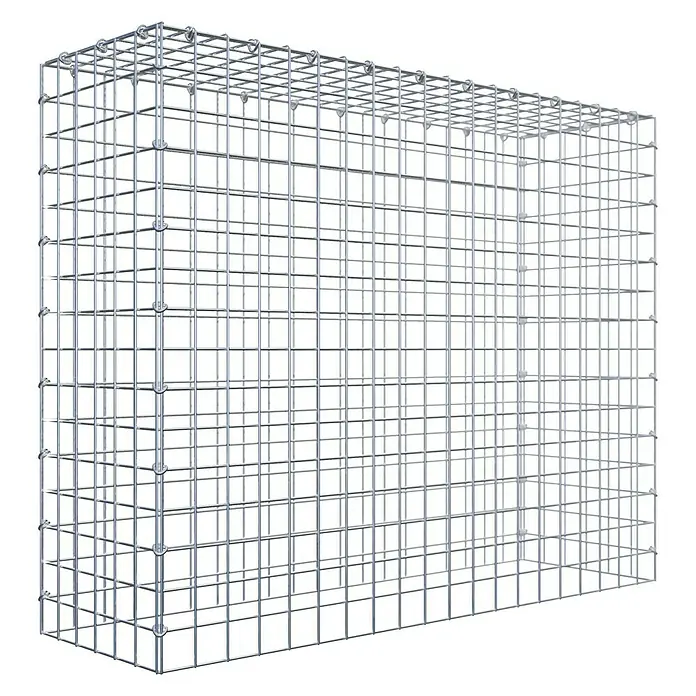 Gabiona Gabione Typ 3 - Zum Anbau in der Höhe, 100 x 30 x 80 cm, Stahl, Maschenbreite: 50 mm, Maschenhöhe: 50 mm, C-Ring - Ansicht eines Gabionenkäfigs aus verzinktem Stahl. Die Drahtstruktur formt rechteckige Zellen, die bereit sind, mit Steinen oder anderen Materialien gefüllt zu werden.