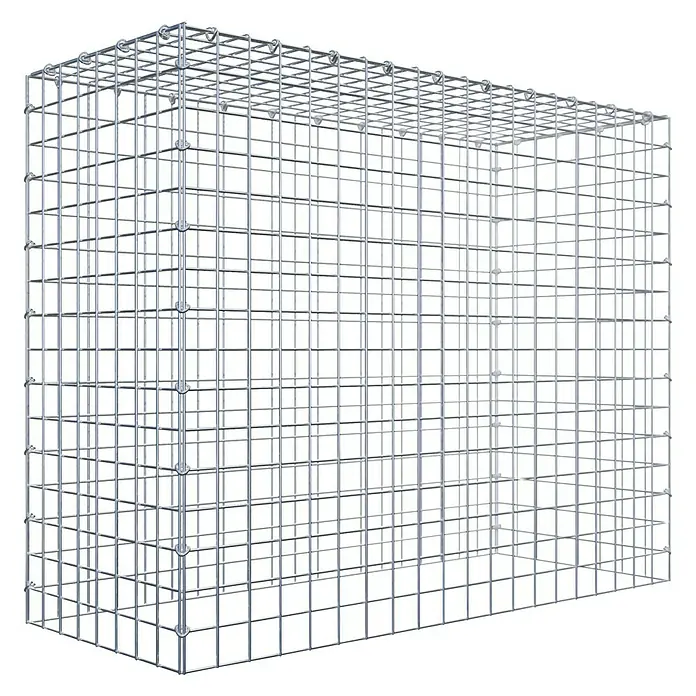 Gabiona Gabione Typ 3 - Zum Anbau in der Höhe, 100 x 40 x 80 cm, Stahl, Maschenbreite: 50 mm, Maschenhöhe: 50 mm, C-Ring - Das Bild zeigt einen rechteckigen Gabionenkorb aus silberfarbenem Drahtgitter. Er ist leer und bereit zur Befüllung mit Steinen oder anderen Materialien.