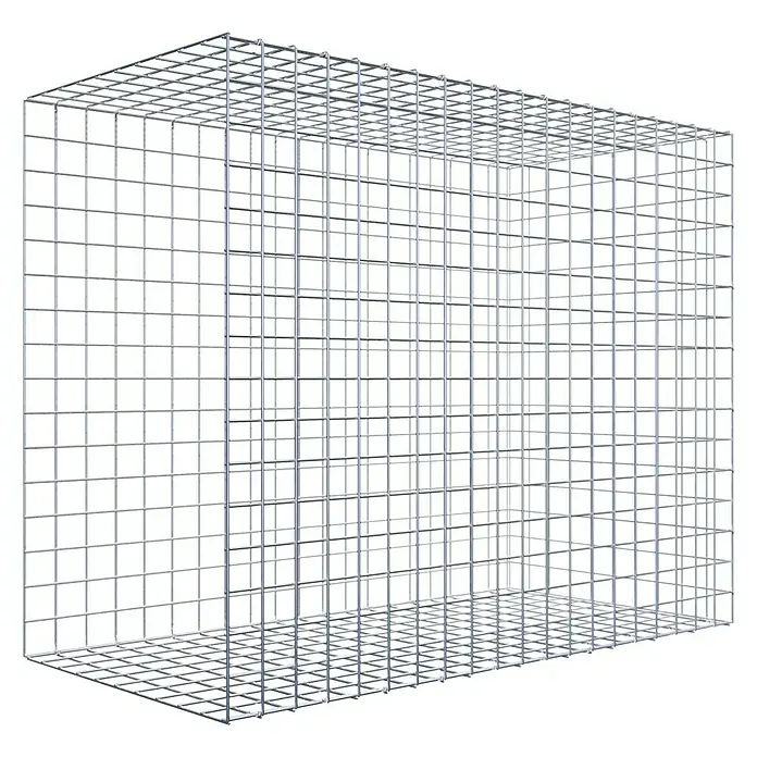 Gabiona Gabione Typ 2 - Zum Anbau in der Länge, 100 x 50 x 80 cm, Stahl, Maschenbreite: 50 mm, Maschenhöhe: 50 mm, C-Ring - Abbildung eines Gabionenkorbs aus verzinktem Drahtgeflecht. Der Korb ist leer und steht vor einem schwarzen Hintergrund.