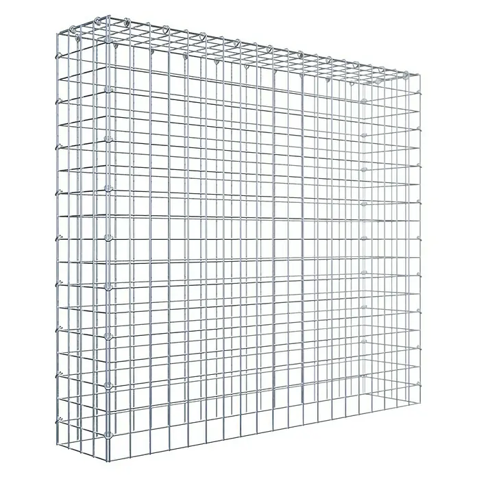 Gabiona Gabione Typ 3 - Zum Anbau in der Höhe, 100 x 20 x 90 cm, Stahl, Maschenbreite: 50 mm, Maschenhöhe: 50 mm, C-Ring - Ein detailliertes Bild eines Gabionenkorbs. Der Drahtkorb hat eine silberne Farbe und eine würfelförmige Struktur.