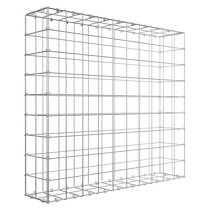 Gabiona Gabione - 100 x 20 x 90 cm, Stahl, Maschenbreite: 100 mm, Maschenhöhe: 100 mm - Ein rechteckiger Gabionenkorb aus silberfarbenem Drahtgitter auf schwarzem Hintergrund, der Stabilität und modernes Design vereint.
