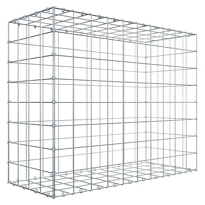 Gabiona Gabione - 100 x 40 x 80 cm, Stahl, Maschenbreite: 100 mm, Maschenhöhe: 100 mm - Draufsicht auf einen leeren Gabionenkorb aus verzinktem Draht, der auf einem schwarzen Hintergrund steht. Seine rechteckige Form sticht hervor.
