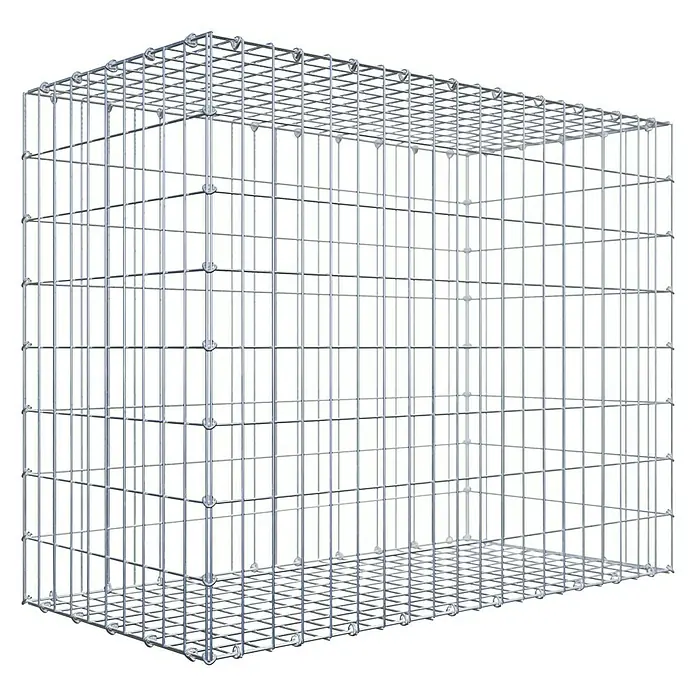 Gabiona Gabione - 100 x 50 x 80 cm, Stahl, Maschenbreite: 50 mm, Maschenhöhe: 100 mm - Nahaufnahme eines Gabionenkorbs aus Drahtgeflecht mit rechteckiger Form und stabilen Verbindungen. Ideal für den Garten- und Landschaftsbau.