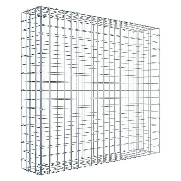 Gabiona Gabione - 100 x 20 x 90 cm, Stahl, Maschenbreite: 50 mm, Maschenhöhe: 50 mm - Das Bild zeigt eine Gabione, einen Drahtkorb, der oft zur Befestigung von Hängen oder als dekoratives Element im Gartenbau verwendet wird.