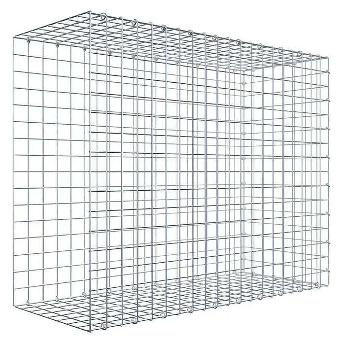 Gabiona Gabione Typ 2 - Zum Anbau in der Länge, 100 x 40 x 80 cm, Stahl, Maschenbreite: 50 mm, Maschenhöhe: 50 mm, C-Ring - Bild einer Gabione, einem Drahtgitterkorb, der typischerweise für Landschaftsbau und zur Hangbefestigung verwendet wird. Die Gabione ist leer und bereit zur Befüllung.