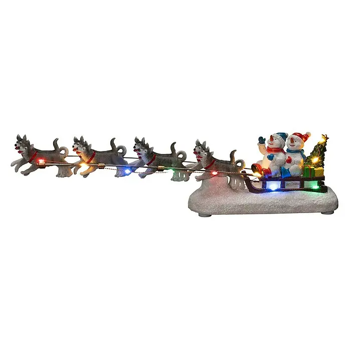 Konstsmide LED-Szenerie Schneemann und Hundeschlitten - L x B x H: 37,5 x 6,5 x 8,5 cm, Batteriebetrieben, LED - Weihnachtliche Schlitten-Deko mit Huskys und Schneemännern. Stimmungsvolle Beleuchtung für die Festtage.