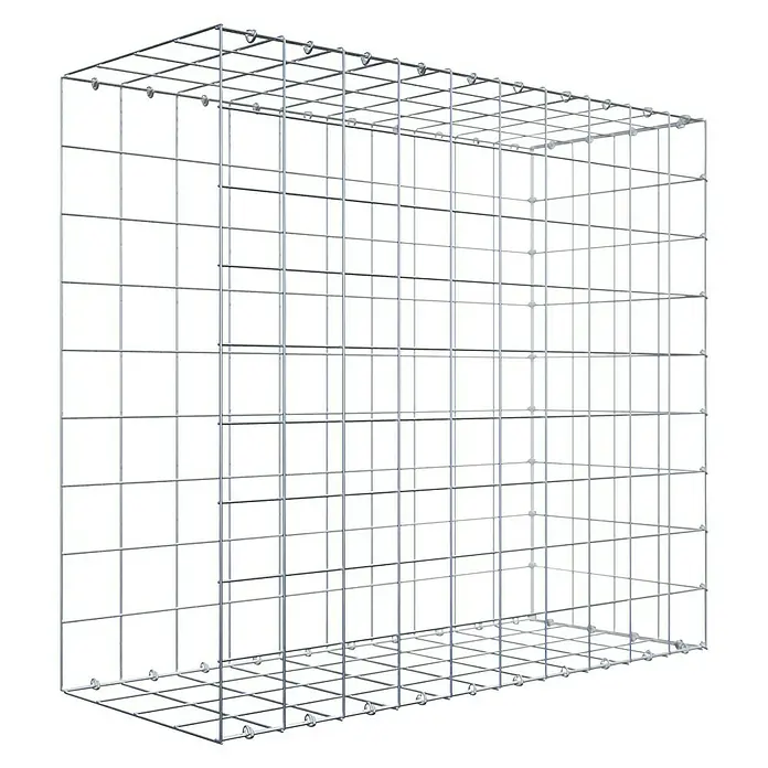 Gabiona Gabione Typ 2 - Zum Anbau in der Länge, 100 x 40 x 90 cm, Stahl, Maschenbreite: 100 mm, Maschenhöhe: 100 mm, C-Ring - Draufsicht auf eine leere Gabione aus Drahtgeflecht mit rechteckiger Form auf schwarzem Hintergrund.