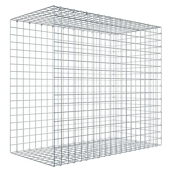 Gabiona Gabione Typ 2 - Zum Anbau in der Länge, 100 x 50 x 90 cm, Stahl, Maschenbreite: 50 mm, Maschenhöhe: 50 mm, C-Ring - Abbildung eines Gabionenkastens aus verzinktem Drahtgeflecht, ideal für den Garten- und Landschaftsbau, auf schwarzem Hintergrund.