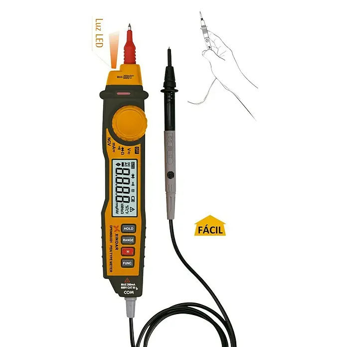Xindar Multímetro digital tipo lápiz DPEN600 - Número de polos: 2 ud., Medición de frecuencia, IP20 - Imagen de un multímetro tipo bolígrafo XINDAR DPEN600.031 con luz LED y sonda, perfecto para mediciones eléctricas precisas.
