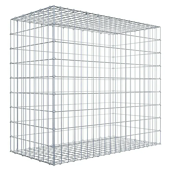 Gabiona Gabione - 100 x 50 x 90 cm, Stahl, Maschenbreite: 50 mm, Maschenhöhe: 100 mm - Ein rechteckiger Gabionenkorb aus verzinktem Drahtgeflecht, ideal für Garten- und Landschaftsbau, präsentiert auf schwarzem Hintergrund.