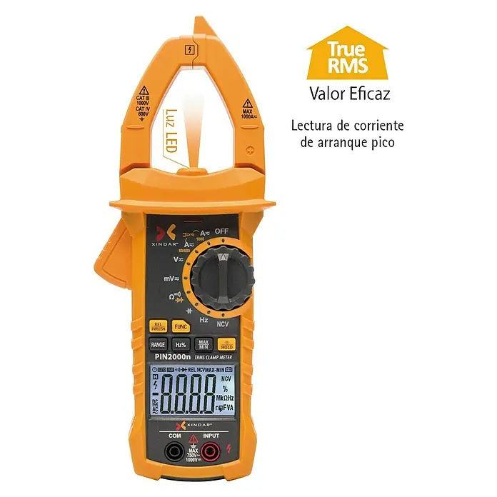 Xindar Multímetro abrazadera digital amperimétrica prof PIN2000 - Número de polos: 2 ud., IP20, Medición de frecuencia - Imagen de un XINDAR PIN2000n TRMS Clamp Meter, una herramienta para medir corriente AC y DC con alta precisión.