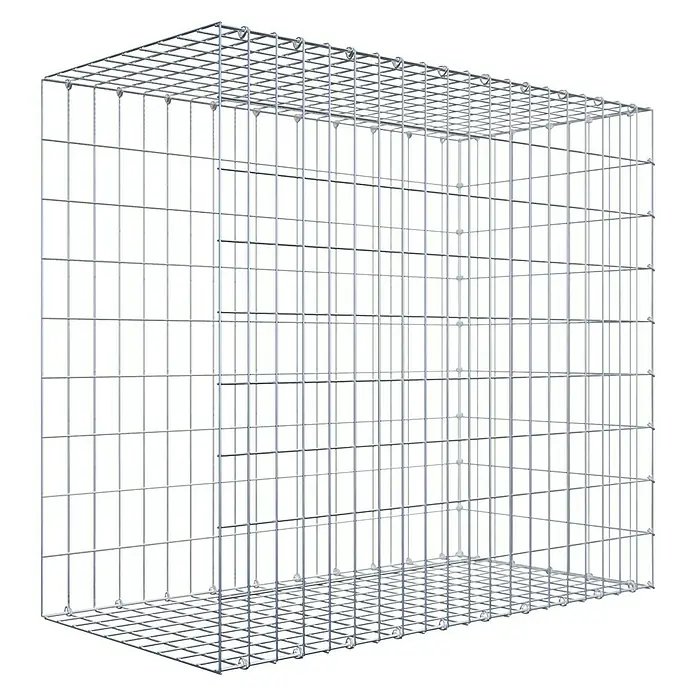 Gabiona Gabione Typ 2 - Zum Anbau in der Länge, 100 x 50 x 90 cm, Stahl, Maschenbreite: 50 mm, Maschenhöhe: 100 mm, C-Ring - Das Bild zeigt einen Gabionenkorb aus verzinktem Drahtgitter, ideal für den Garten- und Landschaftsbau zur Gestaltung von Stützmauern oder als Deko.