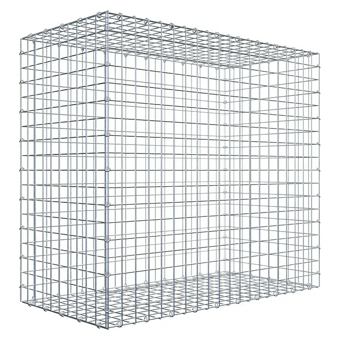 Gabiona Gabione - 100 x 50 x 90 cm, Stahl, Maschenbreite: 50 mm, Maschenhöhe: 50 mm - Nahaufnahme eines rechteckigen Gabionenkäfigs aus verzinktem Drahtgeflecht. Er ist leer und hat eine silberne Farbe.