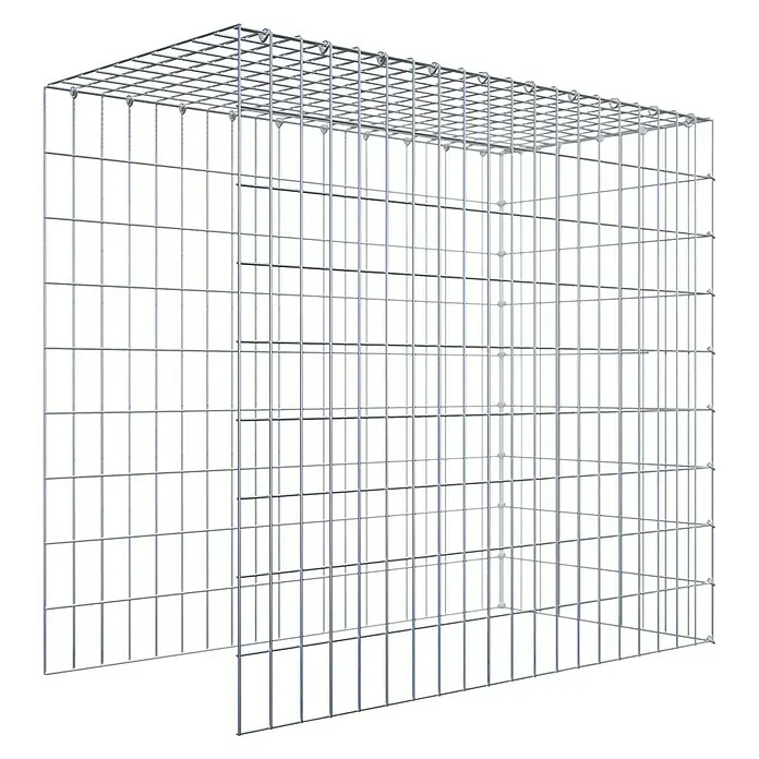 Gabiona Gabione Typ 4 - Zum Anbau in Länge & Höhe, 100 x 50 x 90 cm, Stahl, Maschenbreite: 50 mm, Maschenhöhe: 100 mm, C-Ring - Das Bild zeigt einen Gabionenkorb aus Metall, der für Gartengestaltung oder als Stützmauer verwendet werden kann. Er ist leer und bereit zur Befüllung.