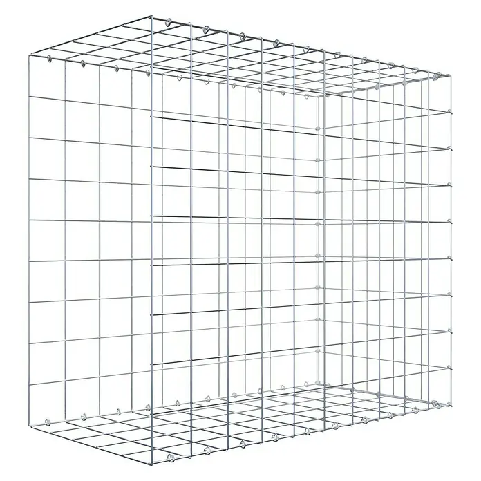 Gabiona Gabione Typ 2 - Zum Anbau in der Länge, 100 x 50 x 90 cm, Stahl, Maschenbreite: 100 mm, Maschenhöhe: 100 mm, C-Ring - Ein detailliertes Bild eines leeren Gabionenkäfigs aus Metalldraht, ideal für Landschaftsbau und Strukturprojekte im Garten.