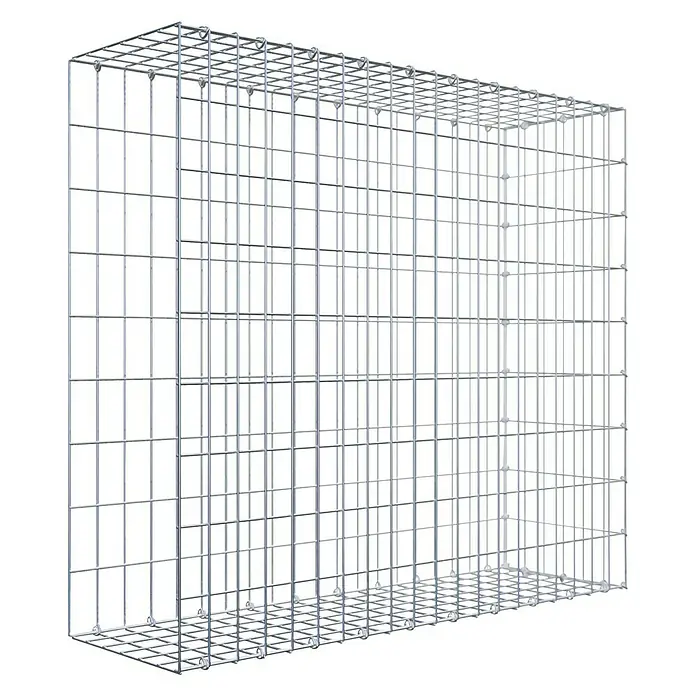 Gabiona Gabione Typ 2 - Zum Anbau in der Länge, 100 x 30 x 90 cm, Stahl, Maschenbreite: 50 mm, Maschenhöhe: 100 mm, C-Ring - Draufsicht auf einen rechteckigen, leeren Gabionenkorb aus verzinktem Stahlgitter auf schwarzem Hintergrund.