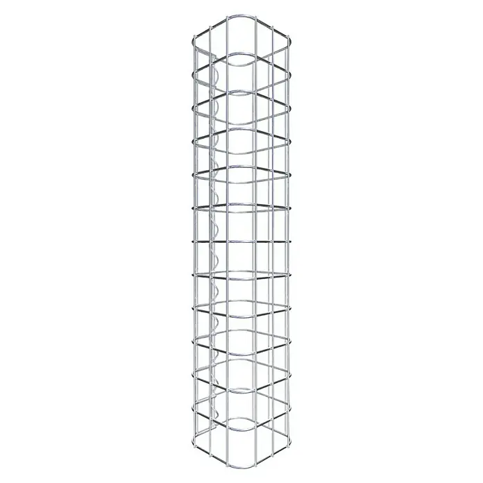 Gabiona Gabionensäule - 17 x 17 x 60 cm, Stahl, Maschenbreite: 50 mm, Maschenhöhe: 50 mm - Bild eines runden, silbernen Käfigs mit einer spiralförmigen Form im Inneren. Der Käfig ist hoch und schlank und besteht aus Metallstäben.