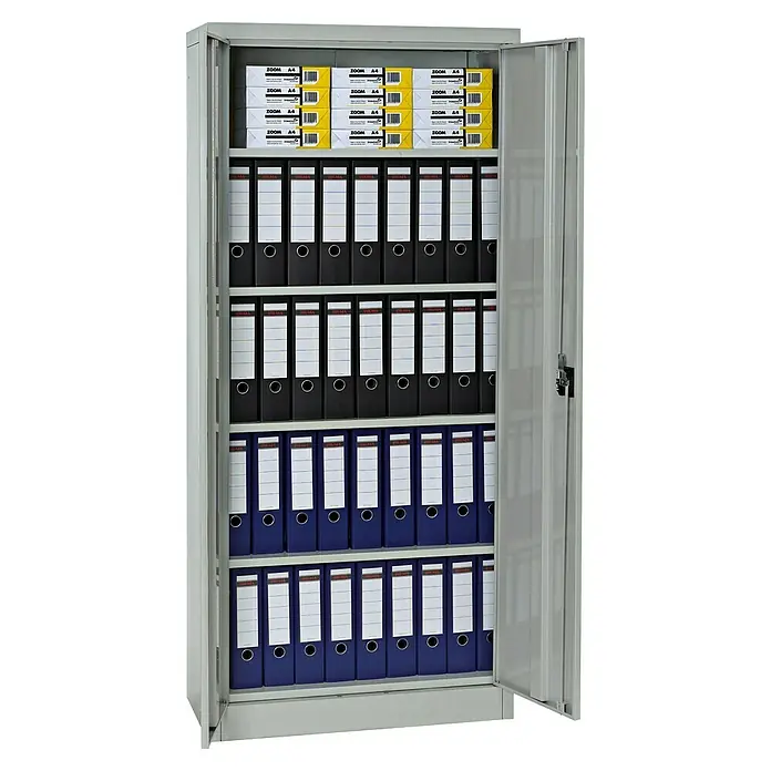 Regalux Armario multiusos metálico - L x An x Al: 41 x 80 x 180 cm, Gris - Armario de acero gris abierto con carpetas y papel. El armario ofrece un amplio espacio de almacenamiento para material de oficina y documentos.