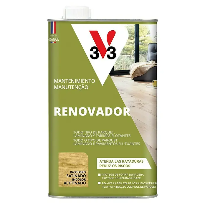 Protector para madera Renovador Parquet - Incoloro, 1 l - Imagen de un bote de V33 Renovador para parquet, laminado y tarimas flotantes, incoloro, satinado y acetinado.