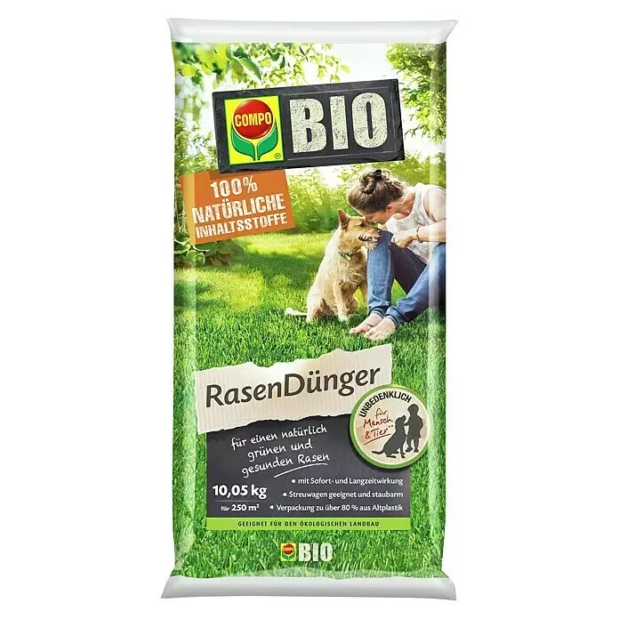 Compo Bio Rasendünger - 10,05 kg, Max. Anwendungsfläche: 500 m² - Grüne Plastiktüte COMPO BIO Rasendünger (10,05 kg), betont natürliche Inhaltsstoffe und Sicherheit für Mensch und Tier, mit Rasenszene-Grafik.