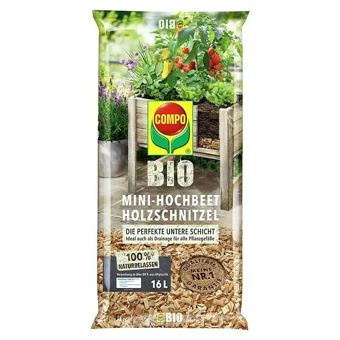 Compo Hochbeet-Grundfüllung Mini-Hochbeet Holzschnitzel - 16 l - Compo Bio natürliche Holzschnitzel für Hochbeete und Drainage, in einem 16L Beutel aus über 80% recyceltem Kunststoff.