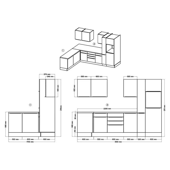 BAUHAUS Winkelküche Sandra - B x T: 310 x 170 cm, Weiß, Matt, Farbe Korpus: Artisan Eiche, Mit Elektrogeräten - Detaillierte Skizze einer modernen Eckküche mit präzisen Maßen für Planung und Design, inklusive Ober- und Unterschränke.