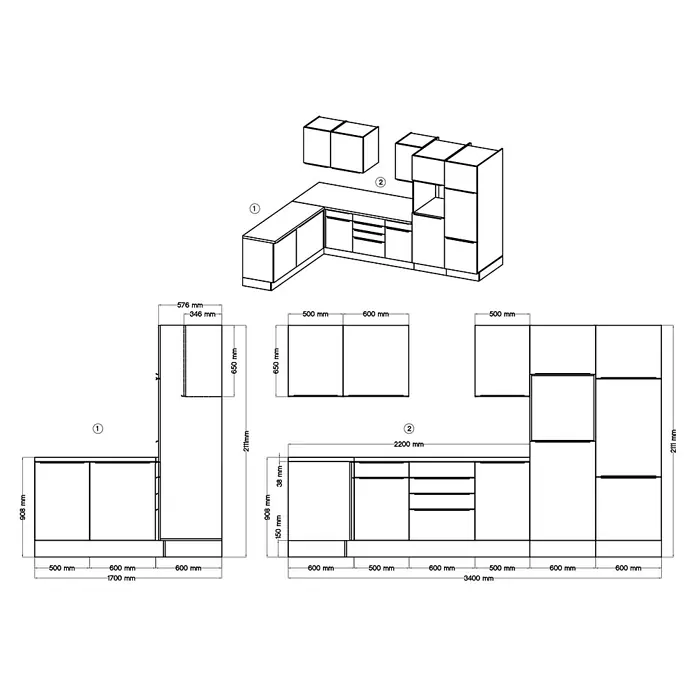 BAUHAUS Winkelküche Sandra - B x T: 340 x 170 cm, Weiß, Mit Elektrogeräten, Farbe Korpus: Weiß - Eine detaillierte Schemazeichnung der Küchenmöbel, die die präzisen Abmessungen und die Anordnung der Elemente zeigt.