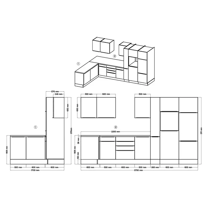 BAUHAUS Winkelküche Sandra - B x T: 370 x 170 cm, Weiß, Mit Elektrogeräten, Farbe Korpus: Weiß - Detaillierte Skizze einer modernen Küche mit präzisen Maßangaben für Design und Planung.