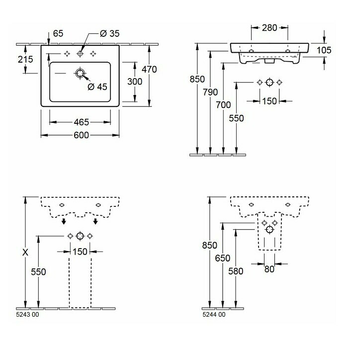 Villeroy & Boch Subway 2.0 Waschtisch60 x 47 cm, Ohne Spezialglasur, Hahnloch: Mitte, Mit Überlauf, Weiß Sketch