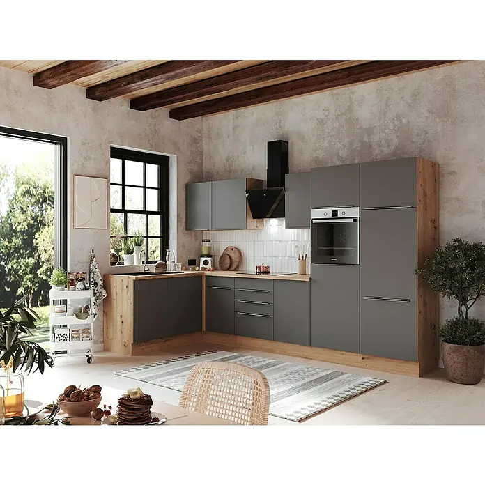BAUHAUS Winkelküche Sandra - B x T: 340 x 170 cm, Grau, Matt, Farbe Korpus: Artisan Eiche, Mit Elektrogeräten - Eine stilvolle Küchenzeile in Grau und Holzoptik bietet modernen Komfort und rustikalen Charme. Die Küche ist gut ausgestattet mit modernen Geräten.