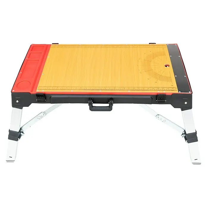 Werkbank Tragbar Duplex - L x B: 1.360 x 790 mm, Arbeitshöhe: 840 mm, Belastbarkeit: 150 kg - Abbildung eines mobilen Zeichentisches. Ideal für Architekten und Designer, er bietet eine stabile Arbeitsfläche mit integrierten Messwerkzeugen.