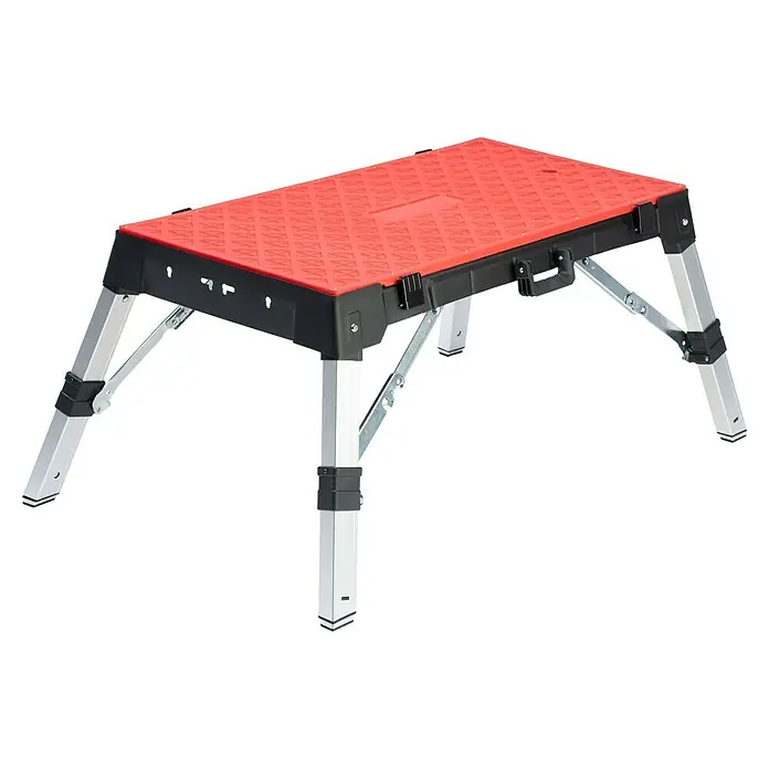 Werkbank Tragbar Duplex - L x B: 1.360 x 790 mm, Arbeitshöhe: 840 mm, Belastbarkeit: 150 kg - Klappbarer Tritt mit rutschfester, roter Oberfläche und silberfarbenen, verstellbaren Beinen. Das Produkt ist ideal für Arbeiten in der Höhe.