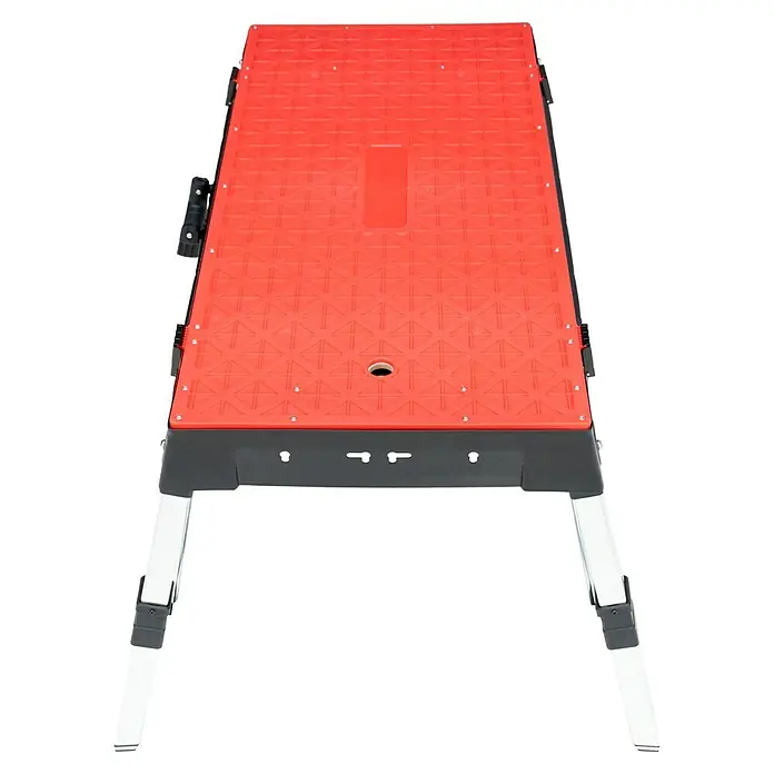 Werkbank Tragbar Duplex - L x B: 1.360 x 790 mm, Arbeitshöhe: 840 mm, Belastbarkeit: 150 kg - Rote Arbeitsplattform mit rutschfester Oberfläche und stabilen, verstellbaren Beinen für sicheren Stand auf verschiedenen Untergründen.