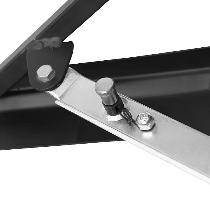 Werkbank Tragbar Duplex - L x B: 1.360 x 790 mm, Arbeitshöhe: 840 mm, Belastbarkeit: 150 kg - Silberfarbener Metallgelenkmechanismus mit Schnellspannstift und Bolzen, der schwarze Rahmenteile verbindet.