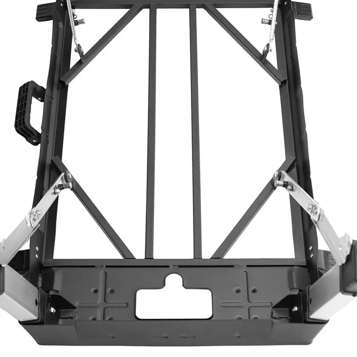 Werkbank Tragbar Duplex - L x B: 1.360 x 790 mm, Arbeitshöhe: 840 mm, Belastbarkeit: 150 kg - Nahaufnahme eines schwarzen Werkzeugwagens mit Griff und Metallstruktur. Der Wagen wirkt robust und stabil.